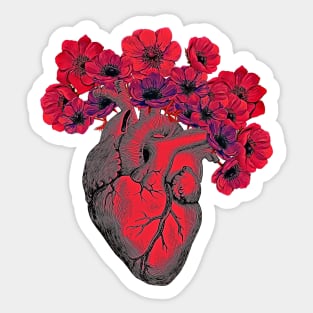 human heart color red with crow flowers blood red Sticker